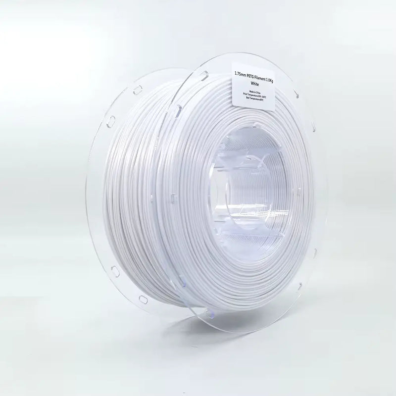 Load image into Gallery viewer, White PETG filament spool with glossy, semi-transparent strands, commonly used in 3D printing for its durability and heat resistance.